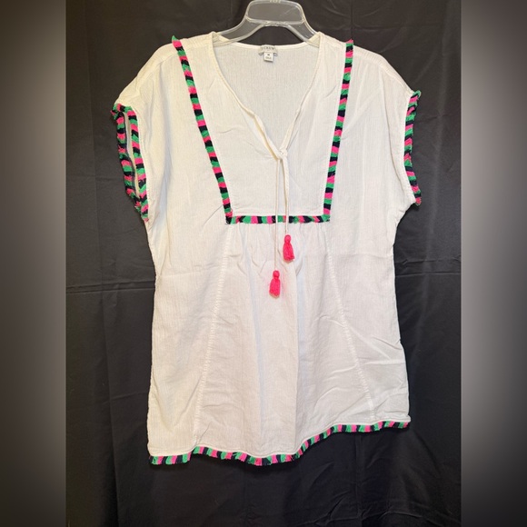 J. Crew Other - J. Crew MEDIUM Tunic Cover Up White Crepe Colorful Front V Neck Tassels Beach